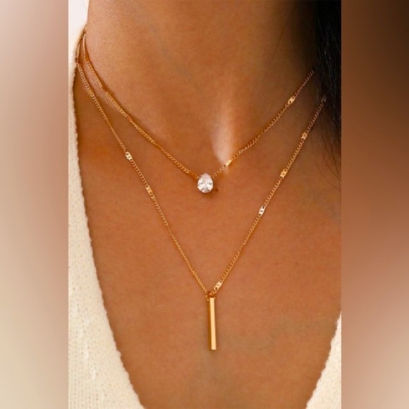 NEW Boutique Double-Layered Necklaces, 1 with Vertical Charm & 1 with Rhinestone - Picture 1 of 11